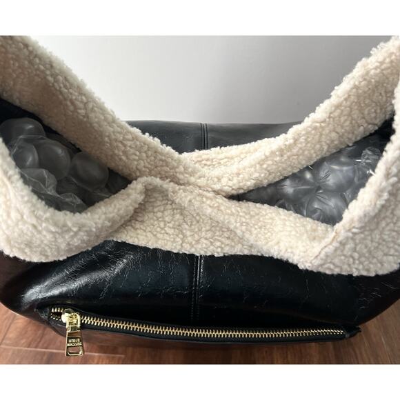 STEVE MADDEN Black Vegan Leather Shearling Extra Large Hobo Purse Bag Tote - Picture 5 of 13